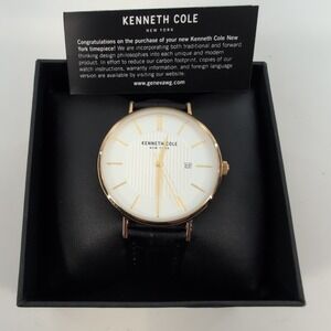 Kenneth Cole Watch Mens 40mm Gold Tone‎ White Dial Date Black Leather Strap READ